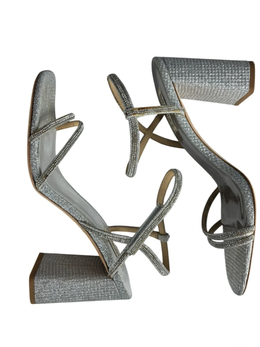 BADGLEY MISCHKA FIREY RHINESTONE SILVER BLOCK HEEL OPEN TOE HEELS - Picture 8 of 16